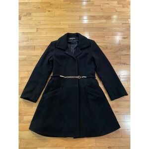 J. Peterman Black Wool Blend Coat Women's Size 8 Gold Chain Belt